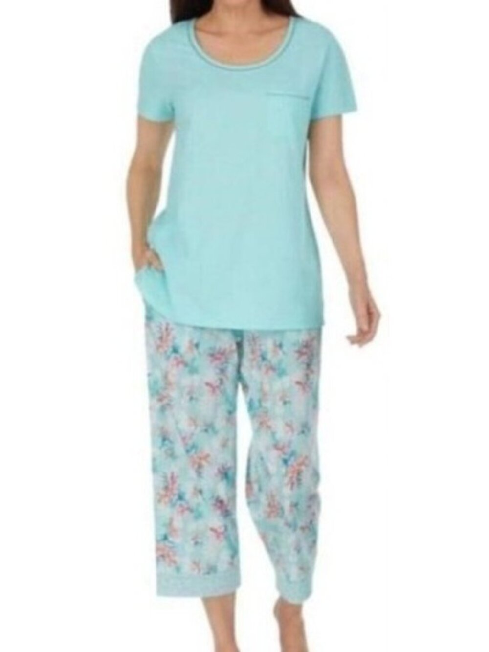 Carole Hochman Midnight 2 PC Blue Pajama Set Short Sleeve Top Cropped Pants XS